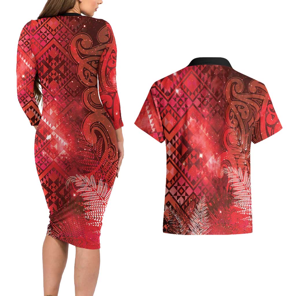 Aotearoa Taniko Matariki Couples Matching Long Sleeve Bodycon Dress and Hawaiian Shirt Cosmic Red LT7 - Polynesian Pride