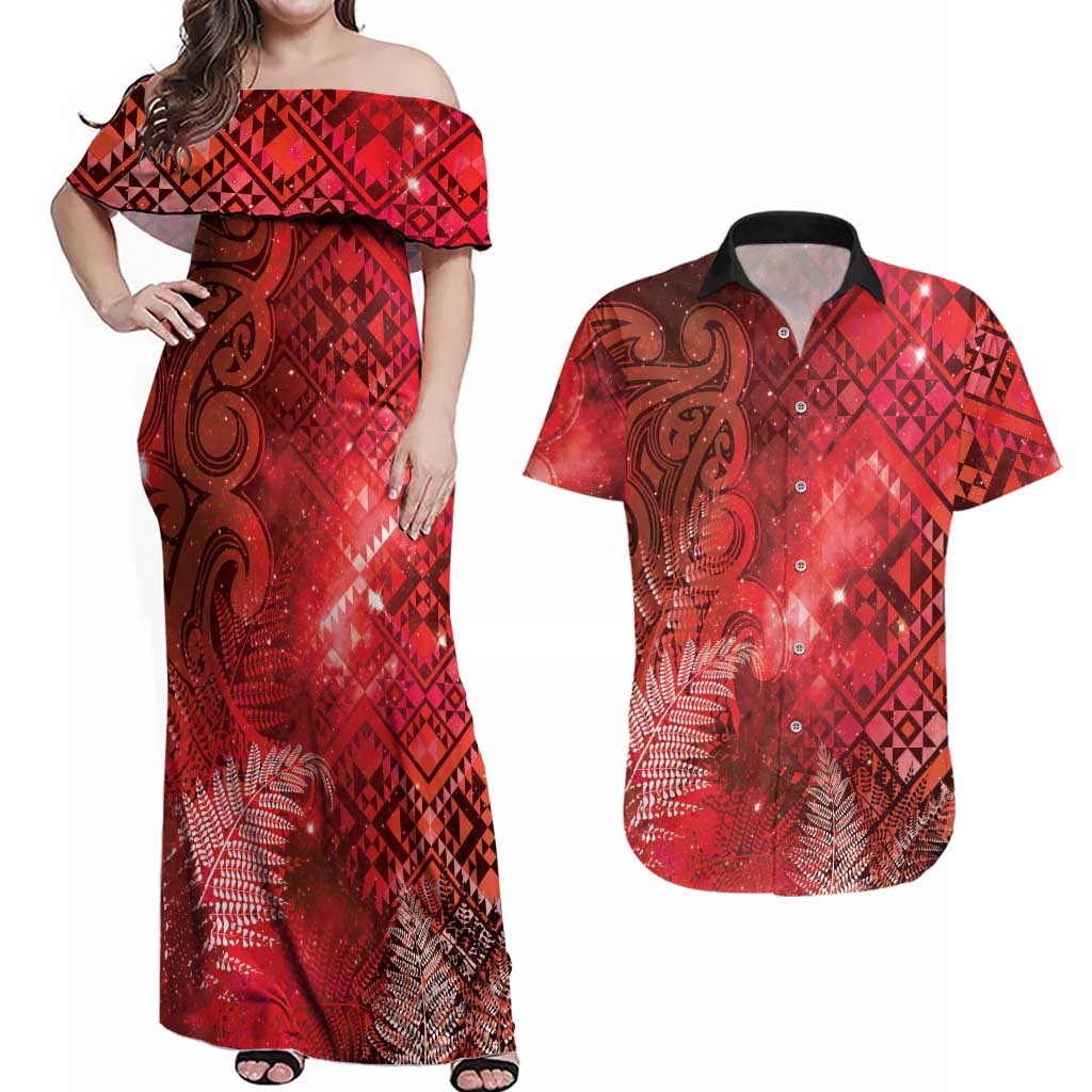 Aotearoa Taniko Matariki Couples Matching Off Shoulder Maxi Dress and Hawaiian Shirt Cosmic Red LT7 Red - Polynesian Pride