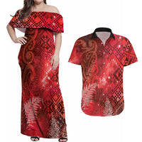 Aotearoa Taniko Matariki Couples Matching Off Shoulder Maxi Dress and Hawaiian Shirt Cosmic Red LT7 Red - Polynesian Pride