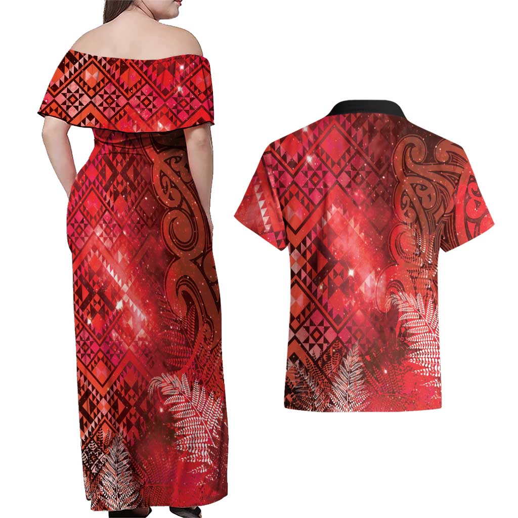 Aotearoa Taniko Matariki Couples Matching Off Shoulder Maxi Dress and Hawaiian Shirt Cosmic Red LT7 - Polynesian Pride