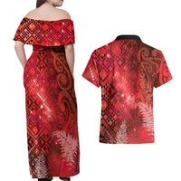 Aotearoa Taniko Matariki Couples Matching Off Shoulder Maxi Dress and Hawaiian Shirt Cosmic Red LT7 - Polynesian Pride