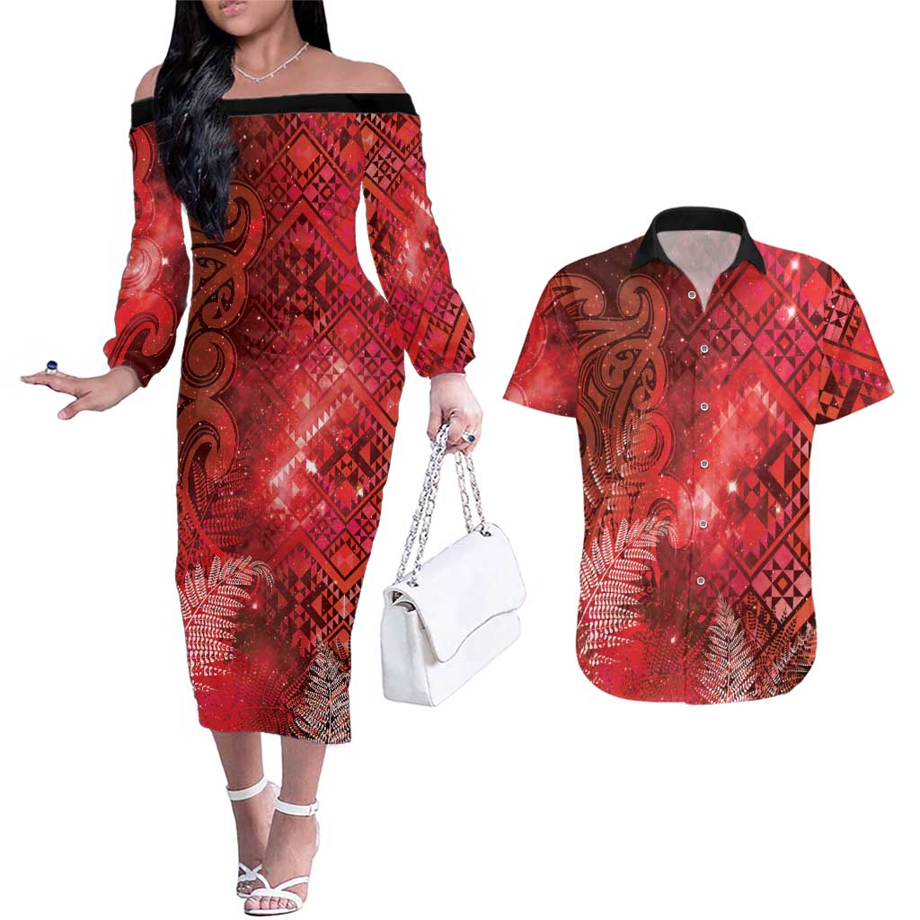 Aotearoa Taniko Matariki Couples Matching Off The Shoulder Long Sleeve Dress and Hawaiian Shirt Cosmic Red