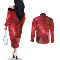 Aotearoa Taniko Matariki Couples Matching Off The Shoulder Long Sleeve Dress and Long Sleeve Button Shirt Cosmic Red