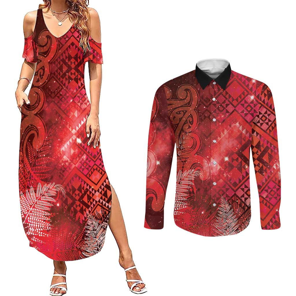 Aotearoa Taniko Matariki Couples Matching Summer Maxi Dress and Long Sleeve Button Shirt Cosmic Red