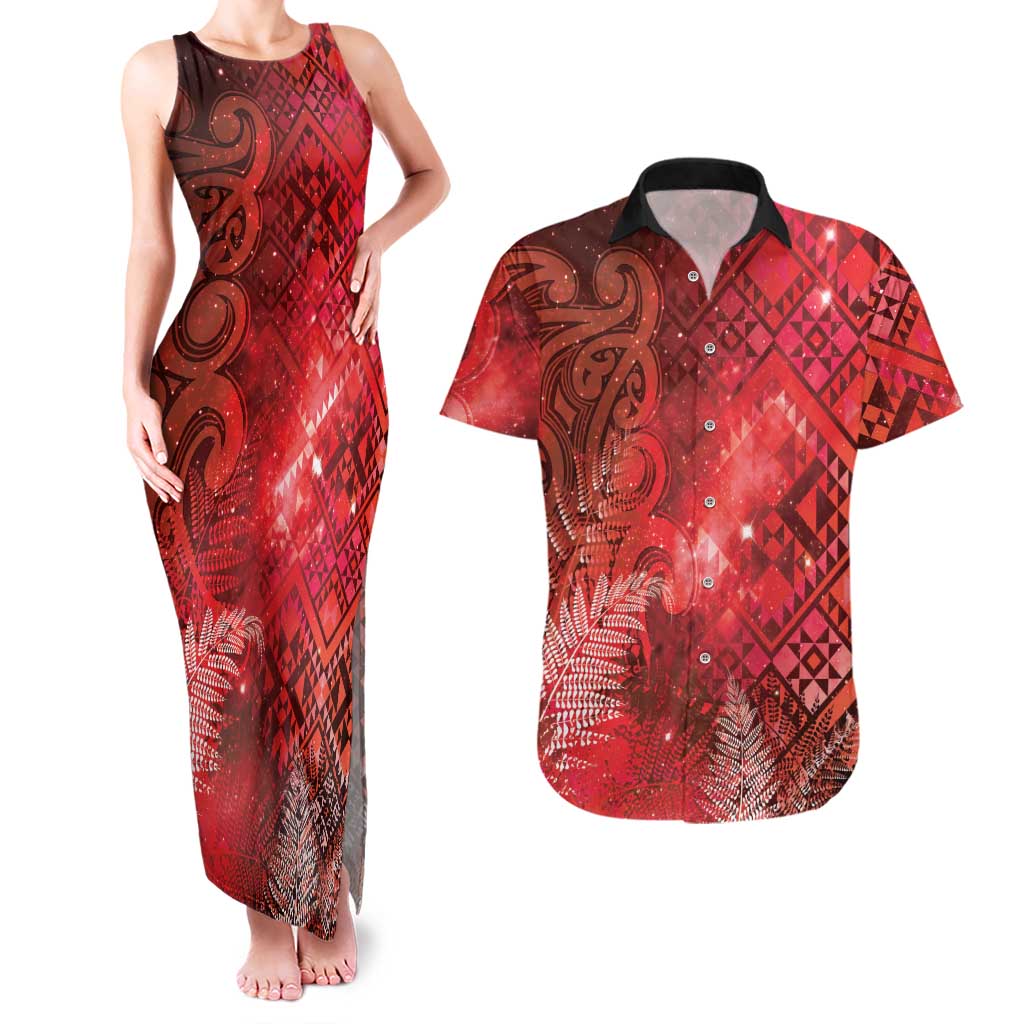 Aotearoa Taniko Matariki Couples Matching Tank Maxi Dress and Hawaiian Shirt Cosmic Red LT7 Red - Polynesian Pride
