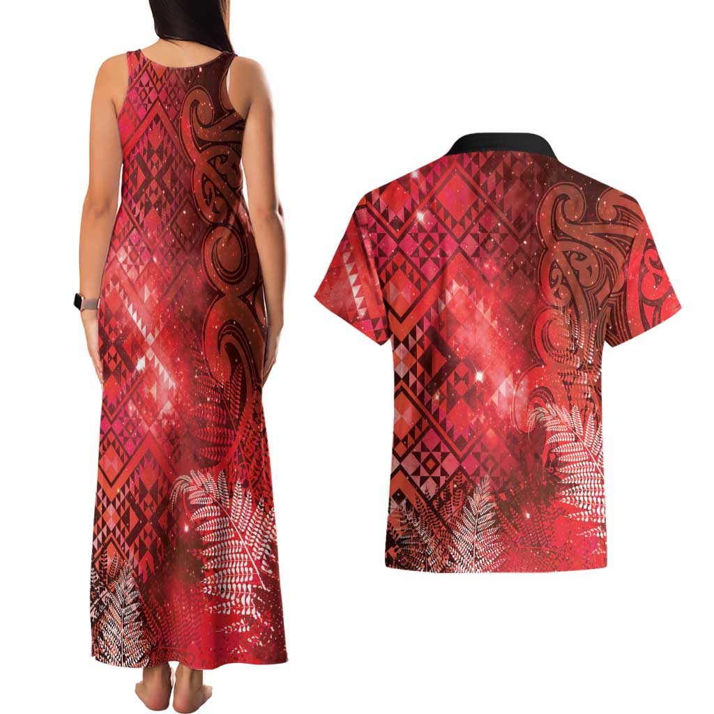 Aotearoa Taniko Matariki Couples Matching Tank Maxi Dress and Hawaiian Shirt Cosmic Red