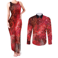 Aotearoa Taniko Matariki Couples Matching Tank Maxi Dress and Long Sleeve Button Shirt Cosmic Red