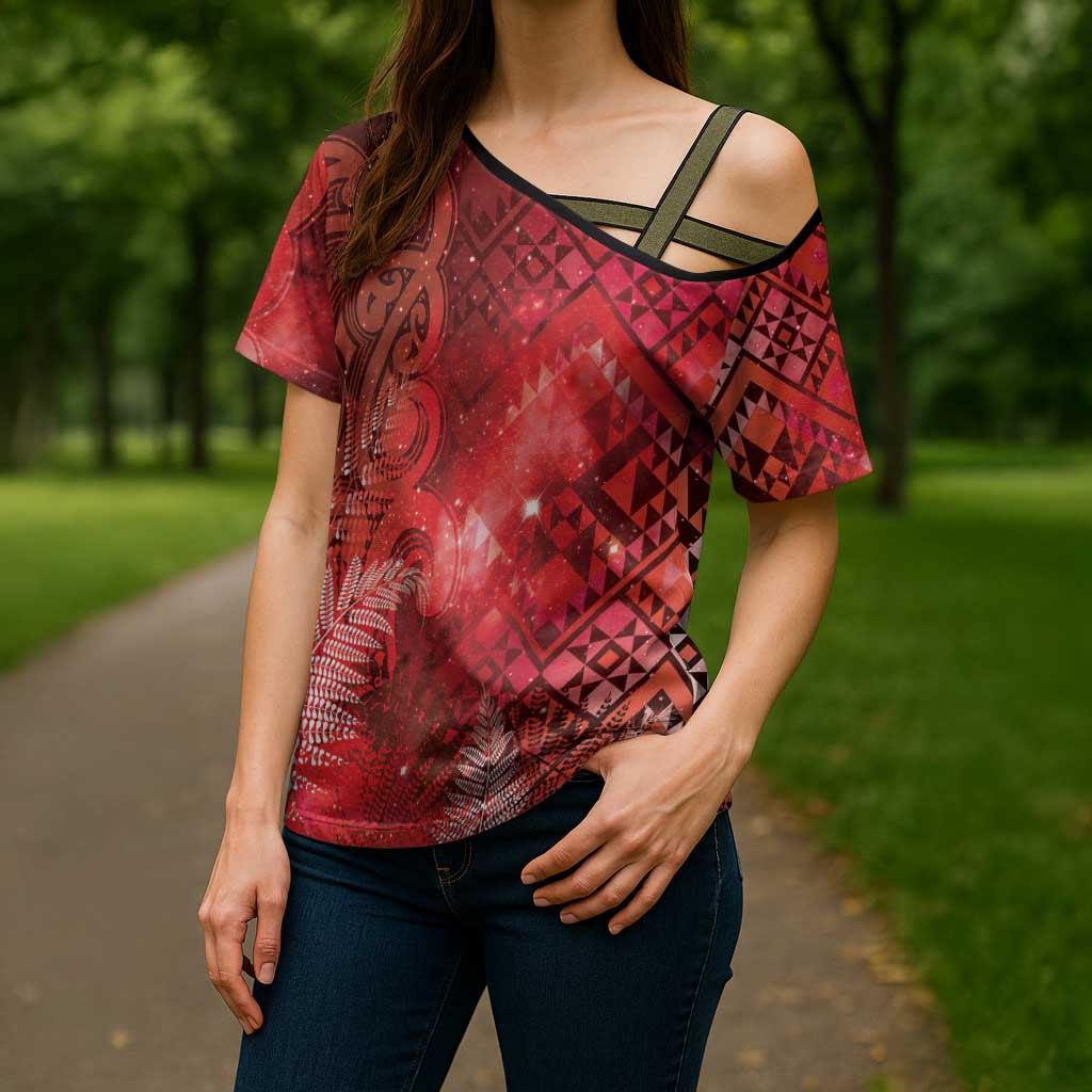 Aotearoa Taniko Matariki Cross Shoulder Shirt Cosmic Red