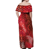 Aotearoa Taniko Matariki Family Matching Off Shoulder Maxi Dress and Hawaiian Shirt Cosmic Red