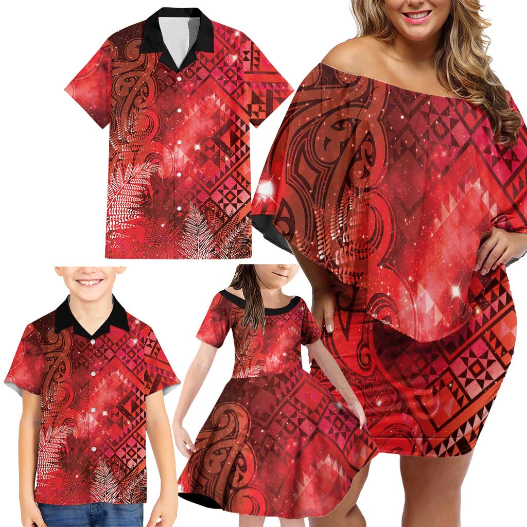 Aotearoa Taniko Matariki Family Matching Off Shoulder Short Dress and Hawaiian Shirt Cosmic Red LT7 - Polynesian Pride