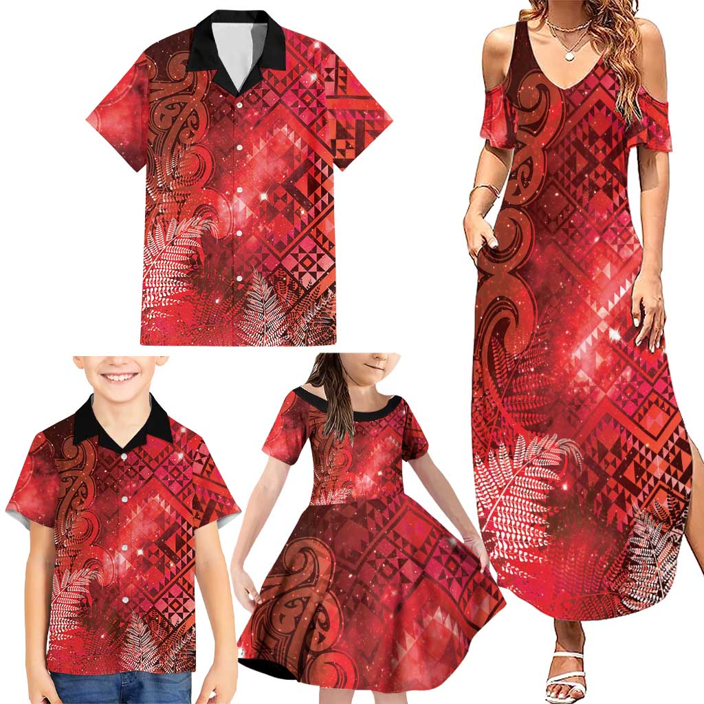 Aotearoa Taniko Matariki Family Matching Summer Maxi Dress and Hawaiian Shirt Cosmic Red LT7 - Polynesian Pride