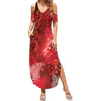 Aotearoa Taniko Matariki Family Matching Summer Maxi Dress and Hawaiian Shirt Cosmic Red LT7 Mom's Dress Red - Polynesian Pride