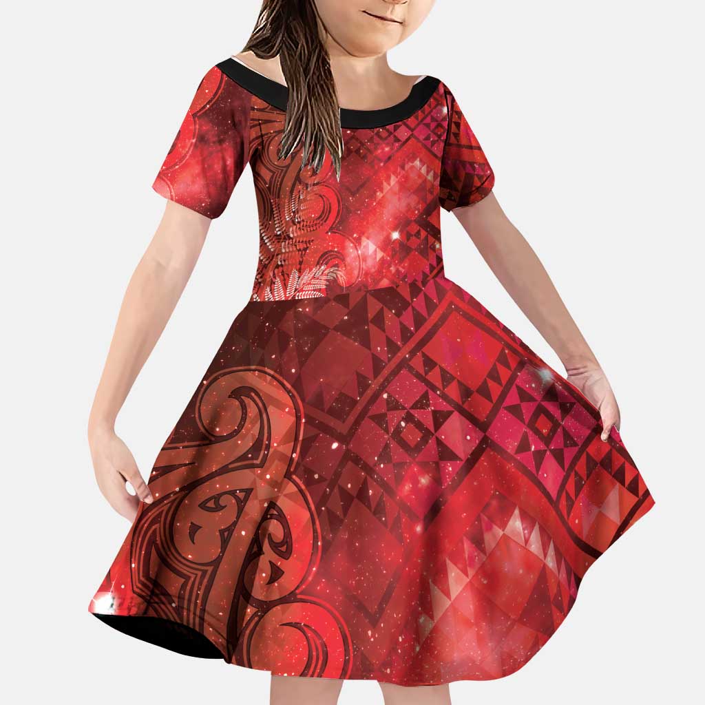 Aotearoa Taniko Matariki Family Matching Tank Maxi Dress and Hawaiian Shirt Cosmic Red LT7 Daughter's Dress Red - Polynesian Pride