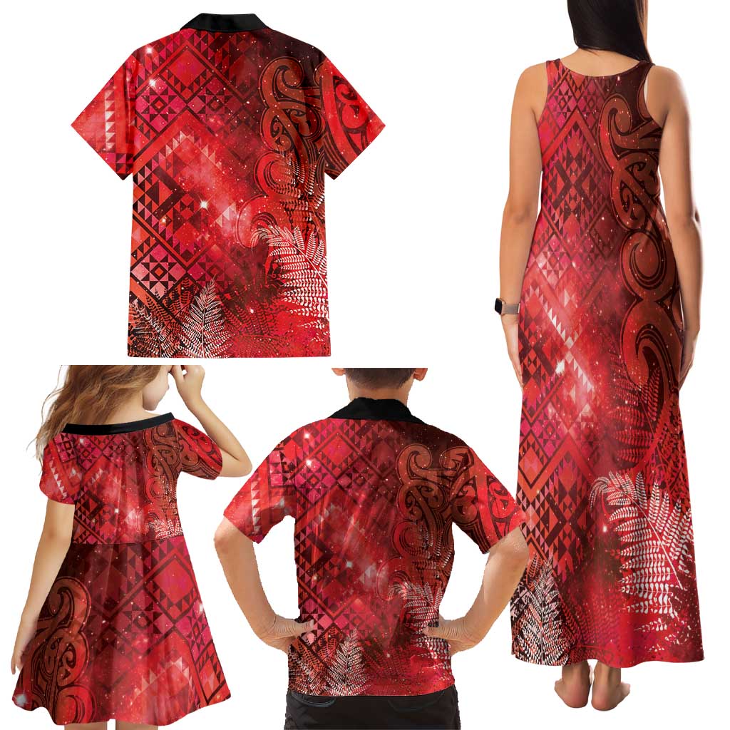 Aotearoa Taniko Matariki Family Matching Tank Maxi Dress and Hawaiian Shirt Cosmic Red LT7 - Polynesian Pride
