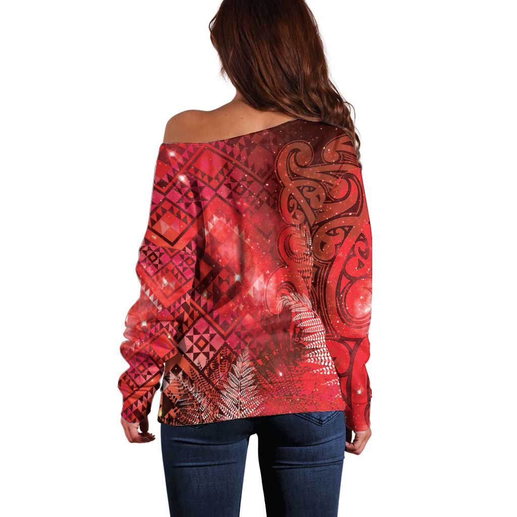 Aotearoa Taniko Matariki Off Shoulder Sweater Cosmic Red