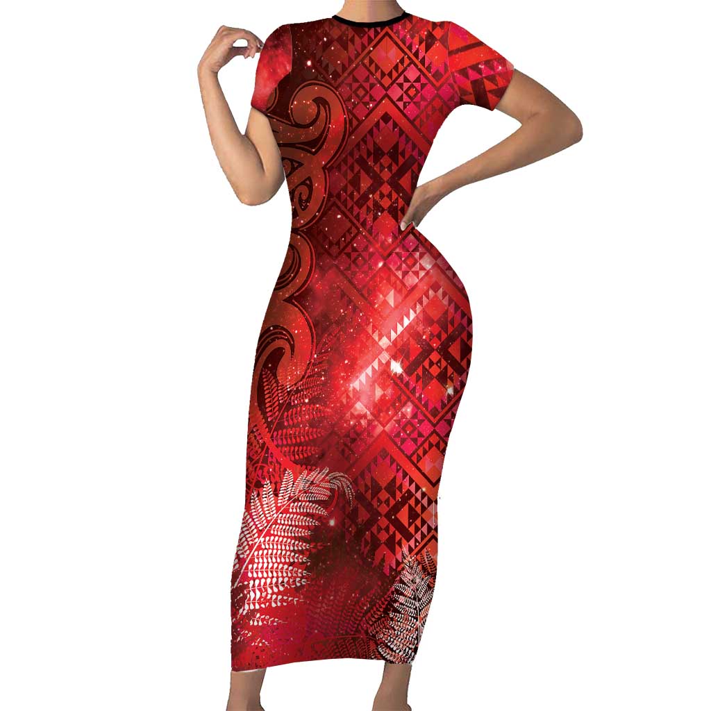 Aotearoa Taniko Matariki Short Sleeve Bodycon Dress Cosmic Red LT7 Long Dress Red - Polynesian Pride