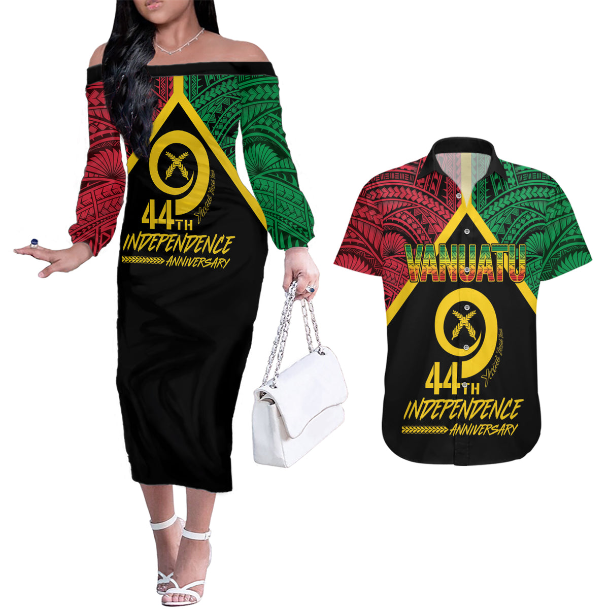 Vanuatu 44th Independence Anniversary Couples Matching Off The Shoulder Long Sleeve Dress and Hawaiian Shirt