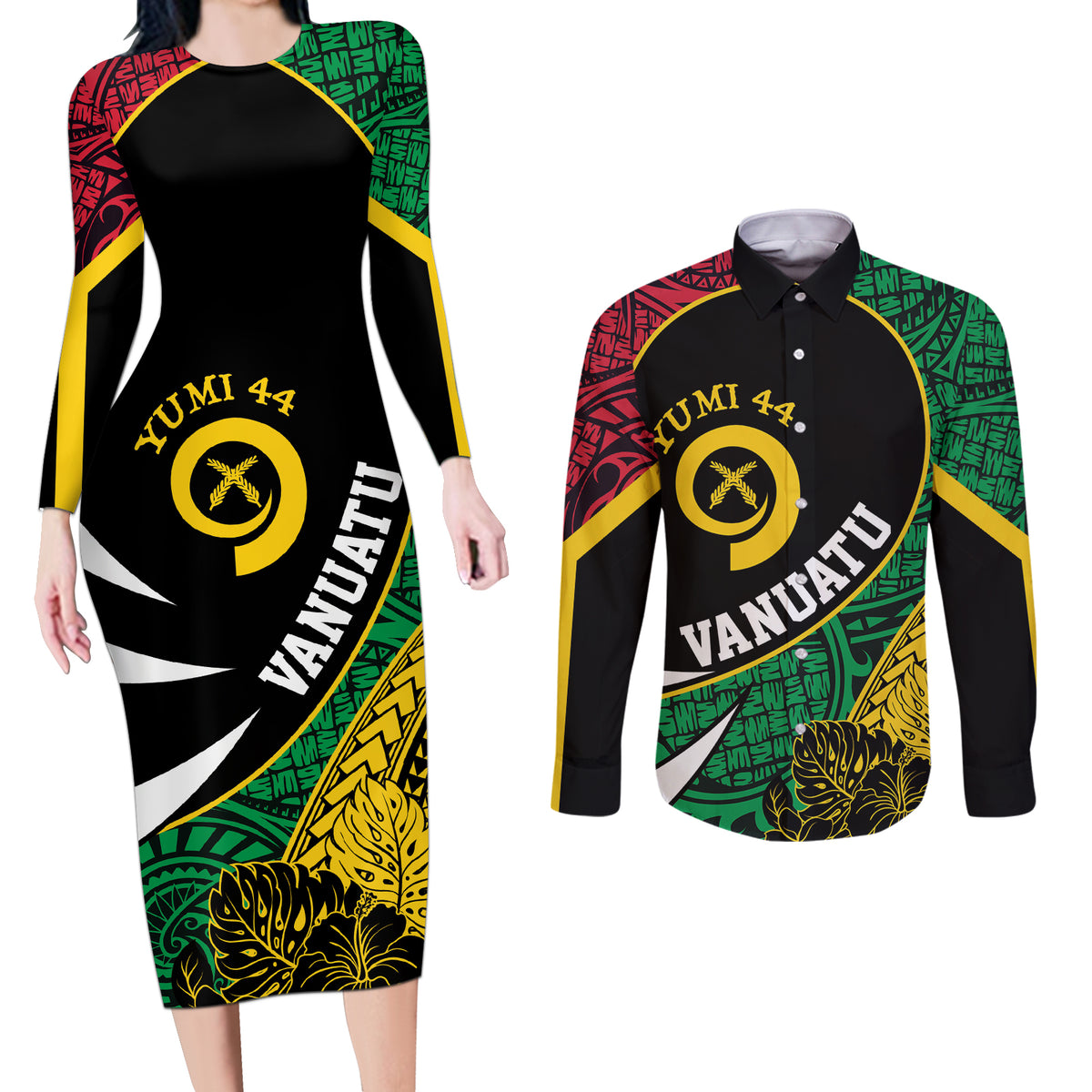 Vanuatu Independence Day Yumi 44 Couples Matching Long Sleeve Bodycon Dress and Long Sleeve Button Shirt LT7 Colorful - Polynesian Pride