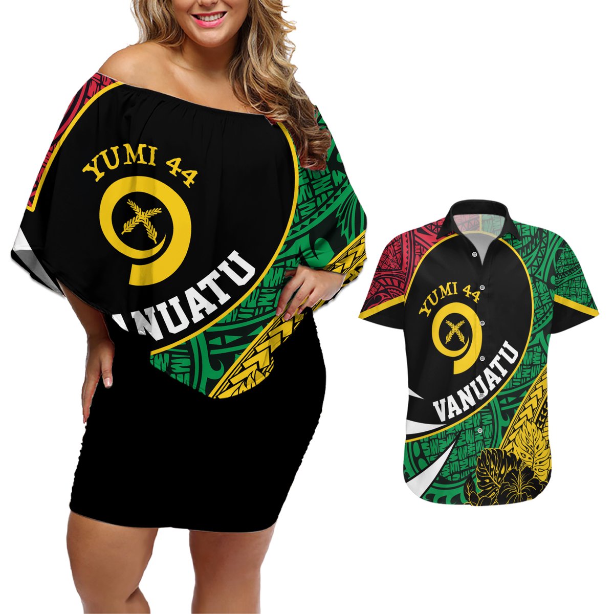 Vanuatu Independence Day Yumi 44 Couples Matching Off Shoulder Short Dress and Hawaiian Shirt LT7 Colorful - Polynesian Pride