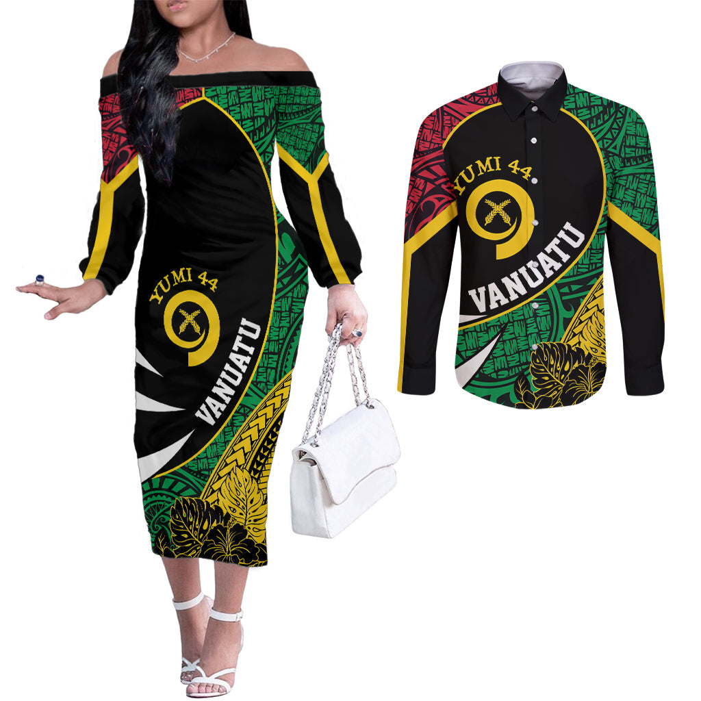 Vanuatu Independence Day Yumi 44 Couples Matching Off The Shoulder Long Sleeve Dress and Long Sleeve Button Shirt LT7 Colorful - Polynesian Pride