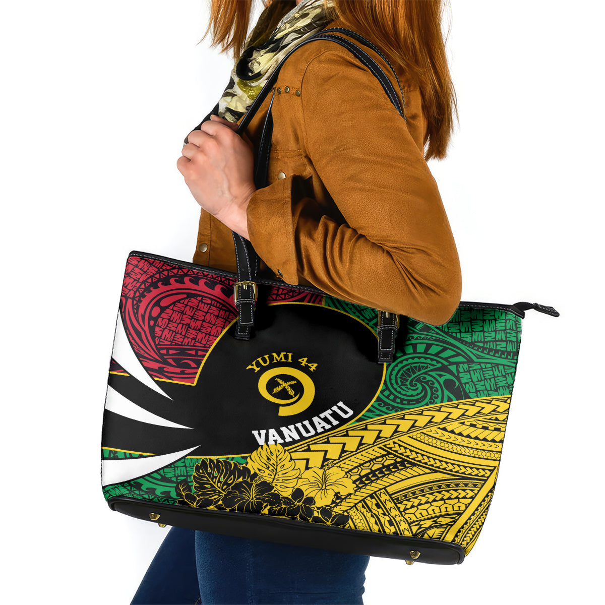 Vanuatu Independence Day Yumi 44 Leather Tote Bag LT7 Colorful - Polynesian Pride