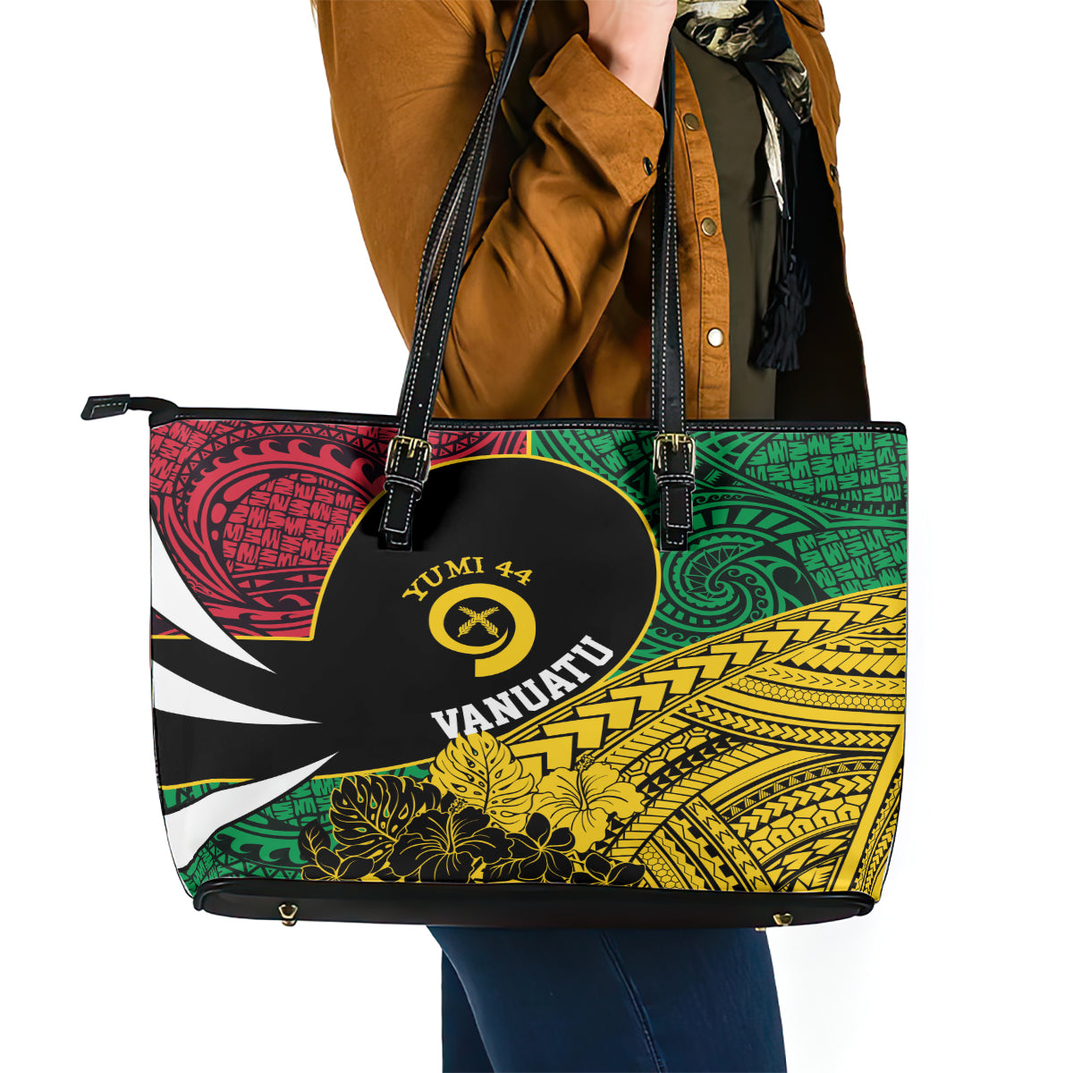 Vanuatu Independence Day Yumi 44 Leather Tote Bag LT7 - Polynesian Pride