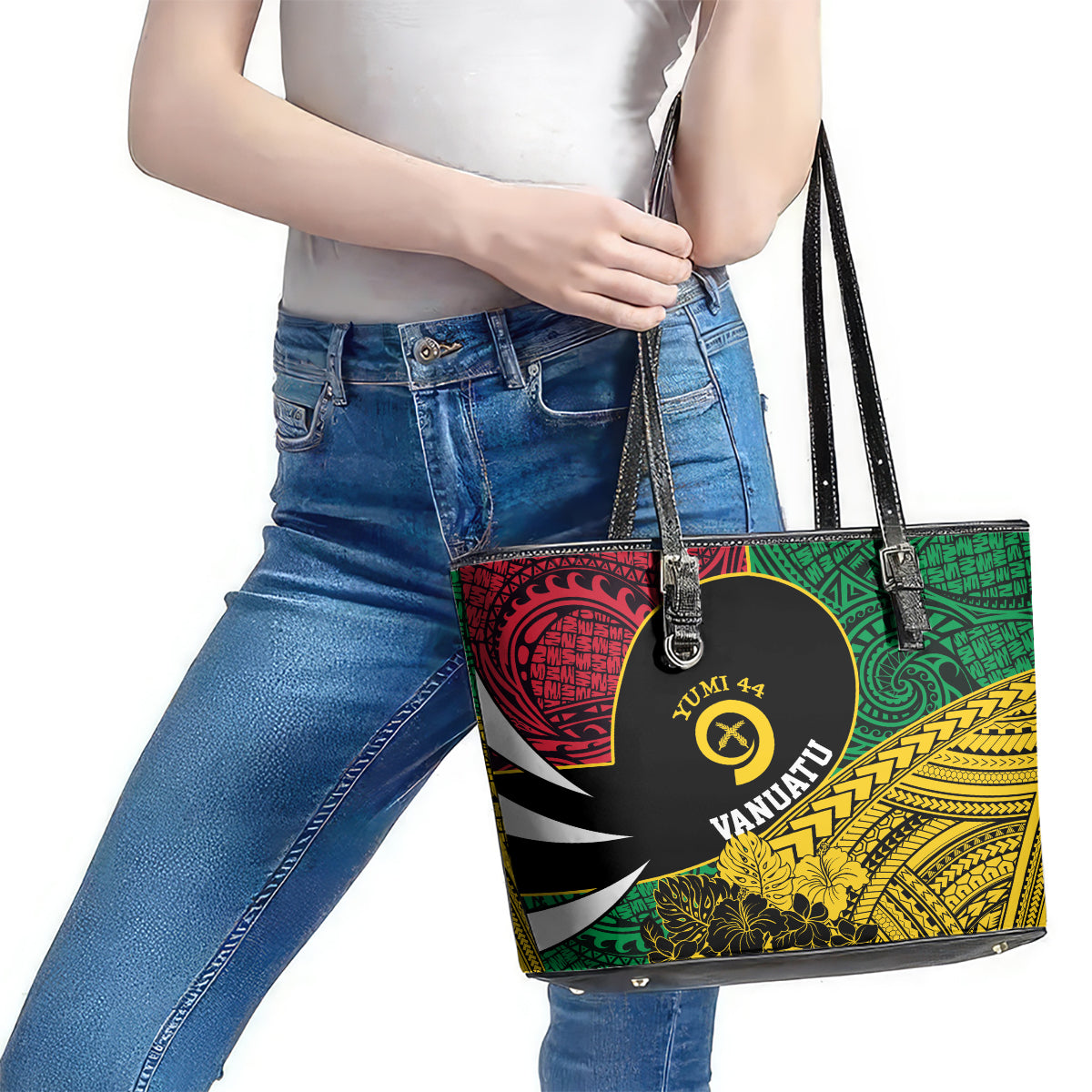 Vanuatu Independence Day Yumi 44 Leather Tote Bag LT7 - Polynesian Pride
