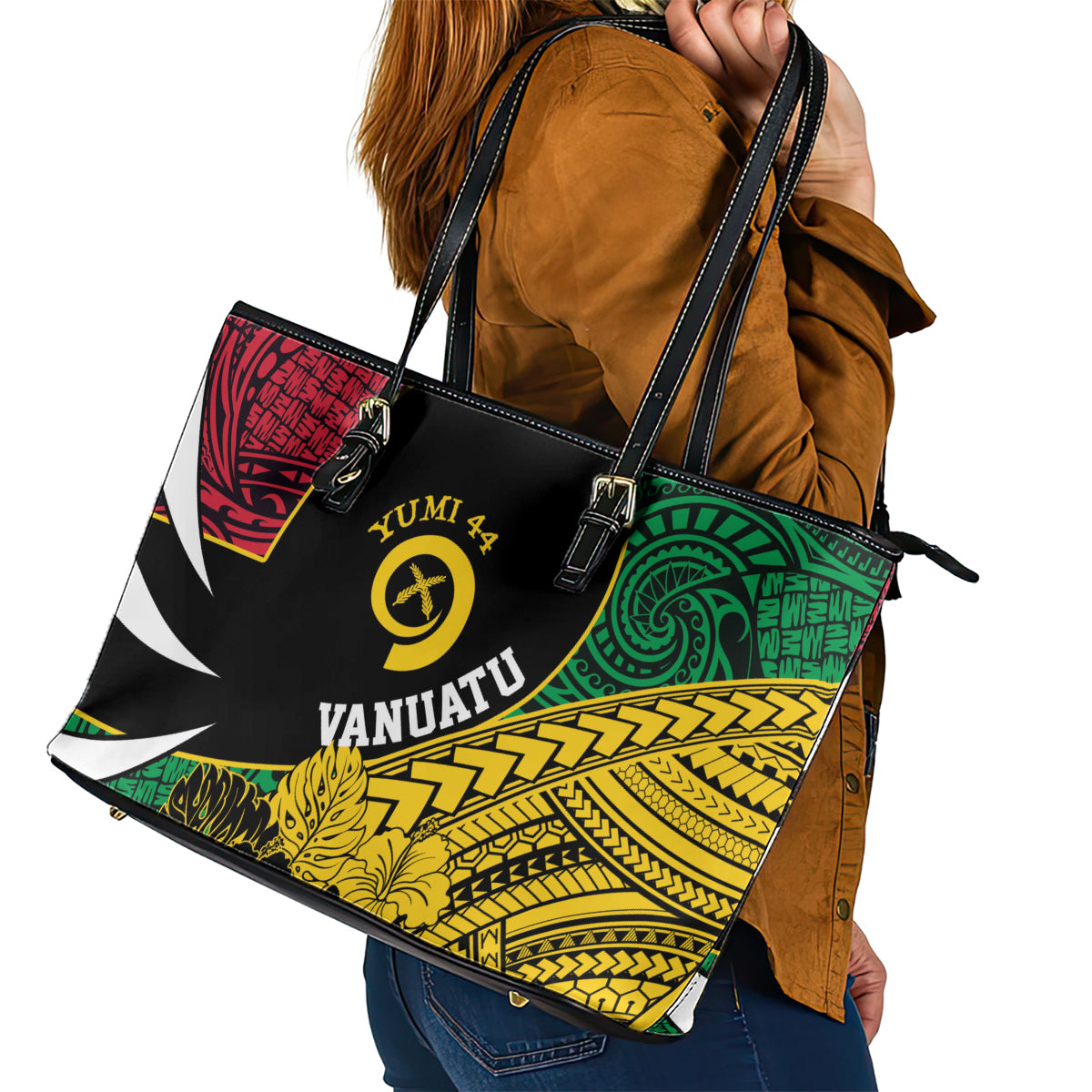 Vanuatu Independence Day Yumi 44 Leather Tote Bag LT7 - Polynesian Pride