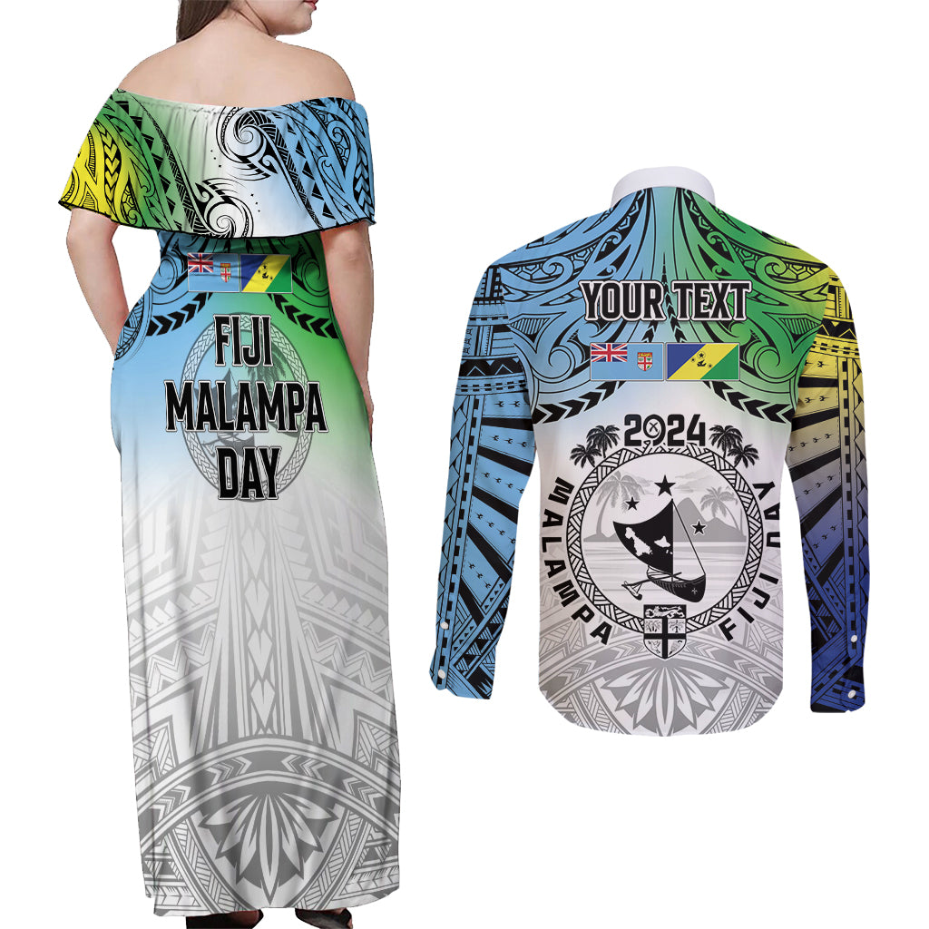 Malampa Fiji Day Couples Matching Off Shoulder Maxi Dress and Long Sleeve Button Shirt Gradient Style