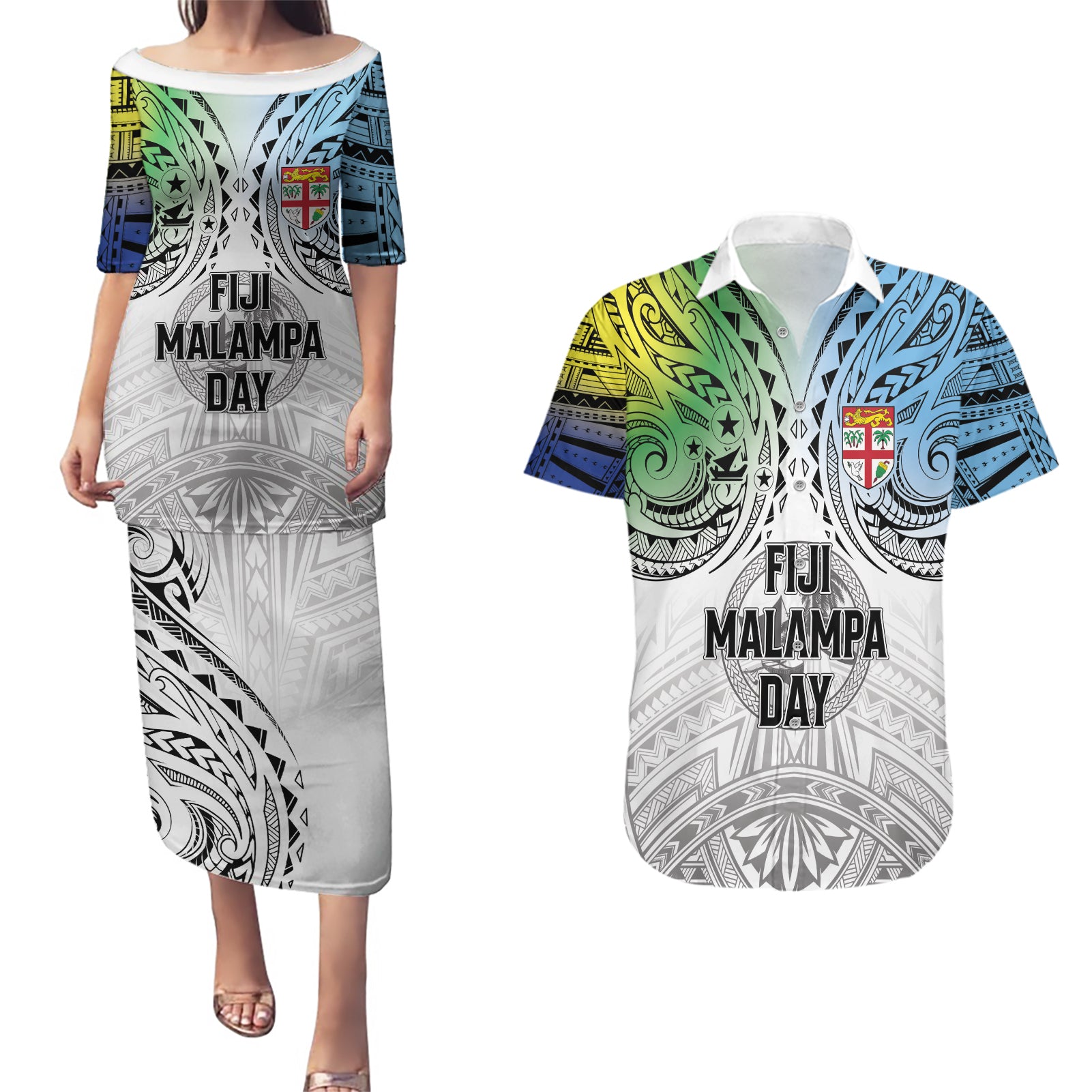 Malampa Fiji Day Couples Matching Puletasi and Hawaiian Shirt Gradient Style