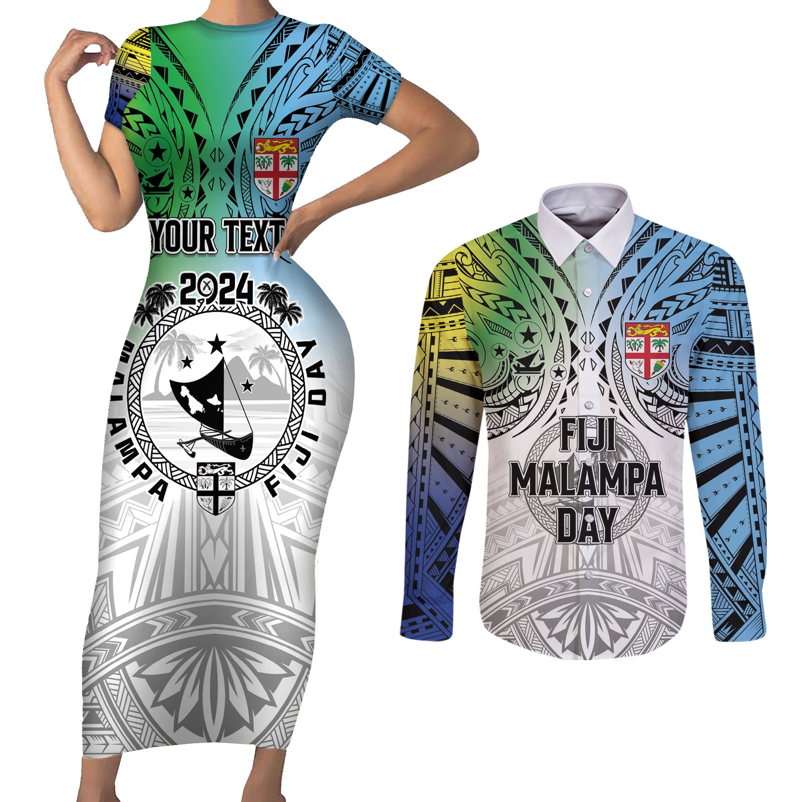 Malampa Fiji Day Couples Matching Short Sleeve Bodycon Dress and Long Sleeve Button Shirt Gradient Style