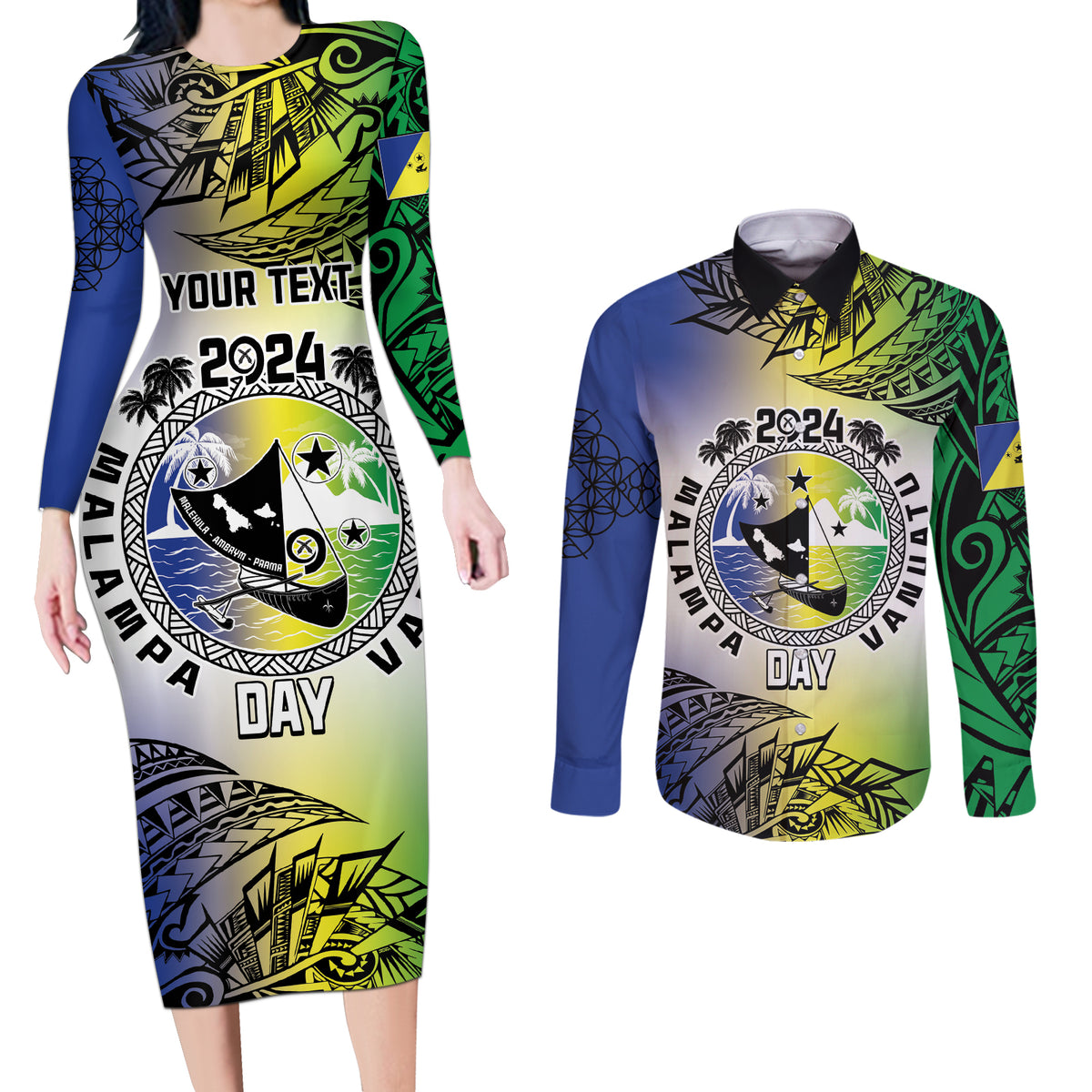 Malampa Day Couples Matching Long Sleeve Bodycon Dress and Long Sleeve Button Shirt Emblem Gradient Style LT7 Colorful - Polynesian Pride