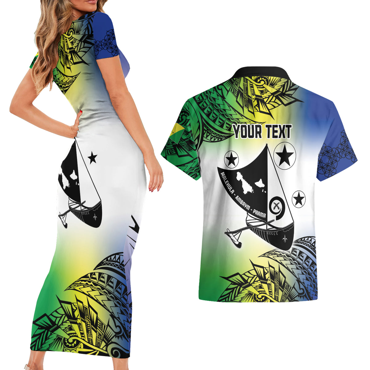 Malampa Day Couples Matching Short Sleeve Bodycon Dress and Hawaiian Shirt Emblem Gradient Style