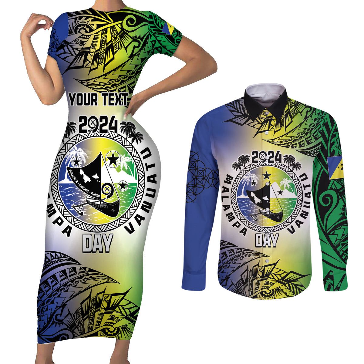 Malampa Day Couples Matching Short Sleeve Bodycon Dress and Long Sleeve Button Shirt Emblem Gradient Style LT7 Colorful - Polynesian Pride