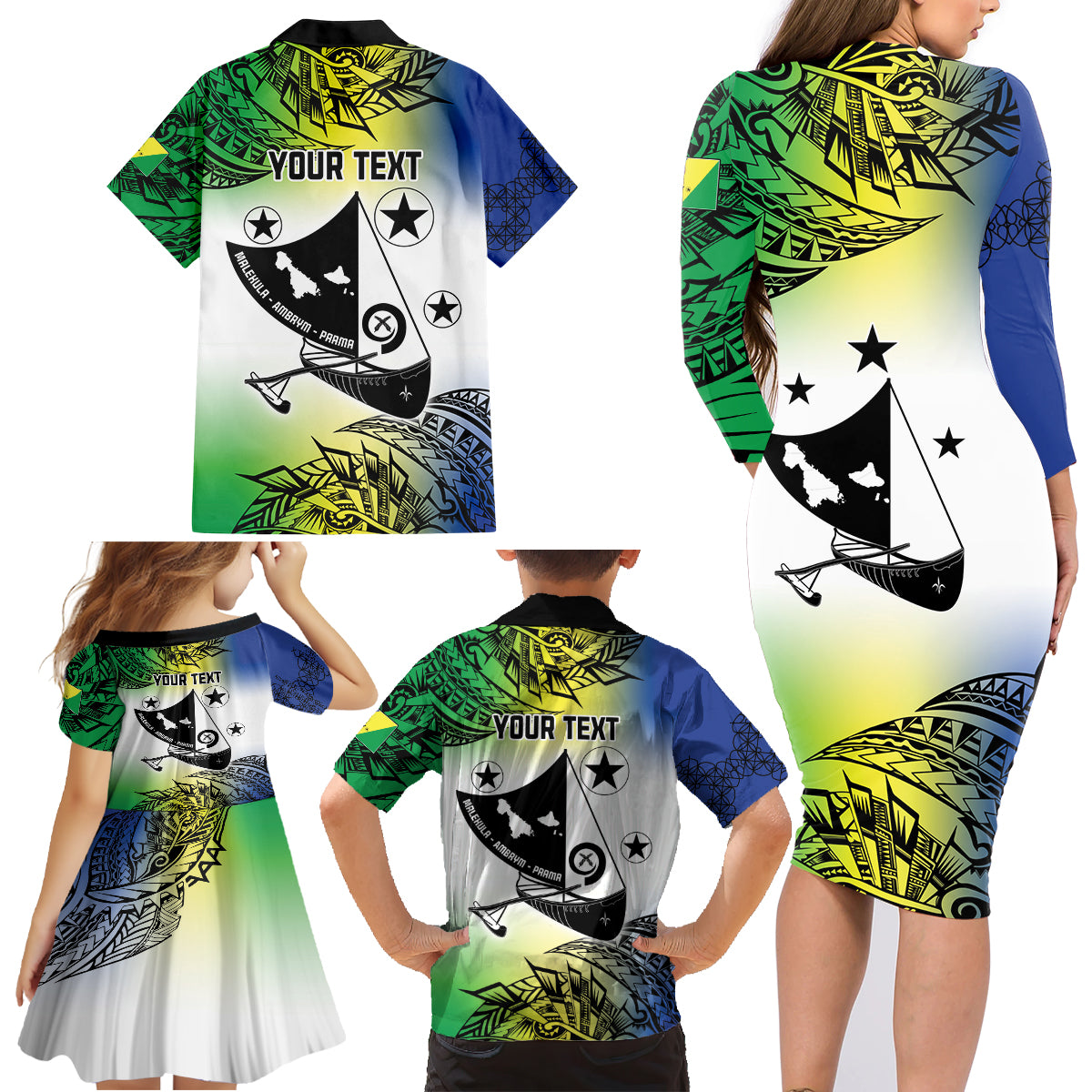 Malampa Day Family Matching Long Sleeve Bodycon Dress and Hawaiian Shirt Emblem Gradient Style