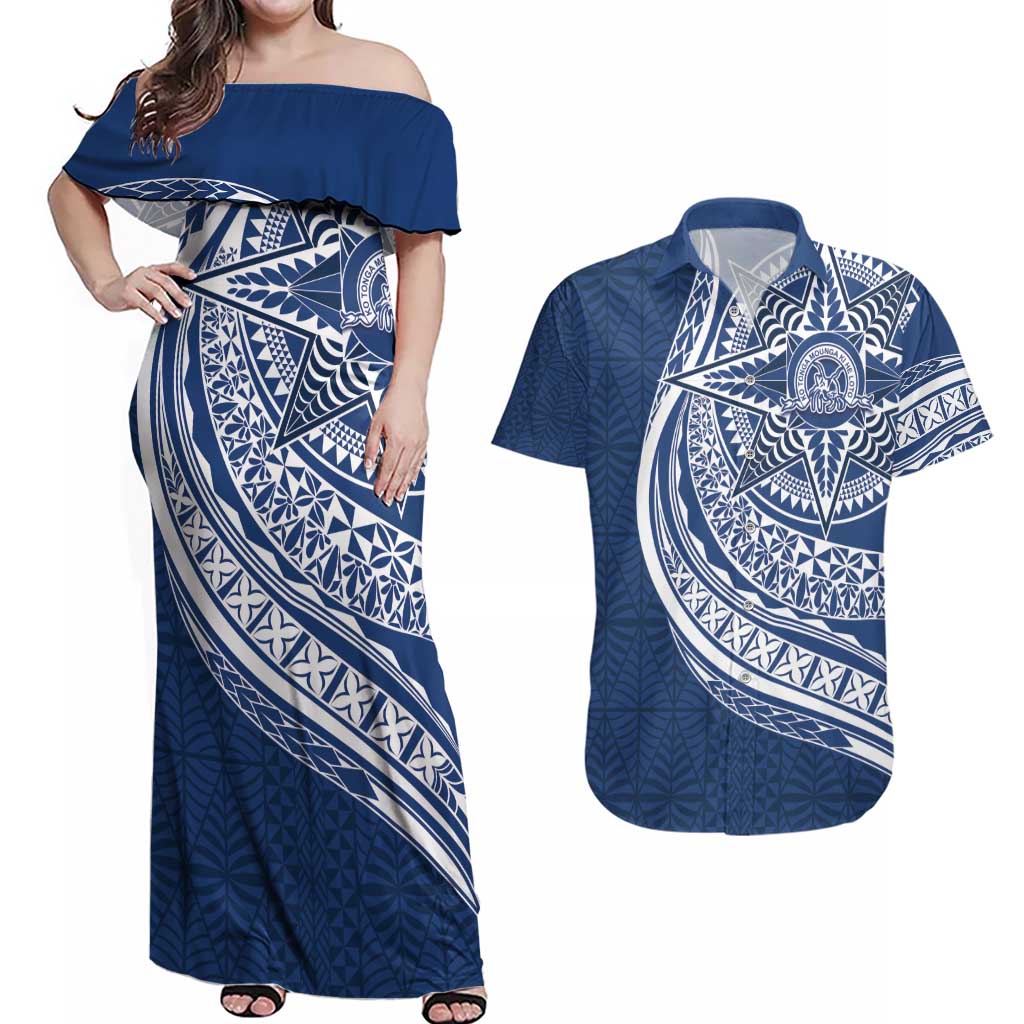 Tonga Queen Salote College Personalized Couples Matching Off Shoulder Maxi Dress and Hawaiian Shirt Ngatu Tokelaufeletoa Motifs