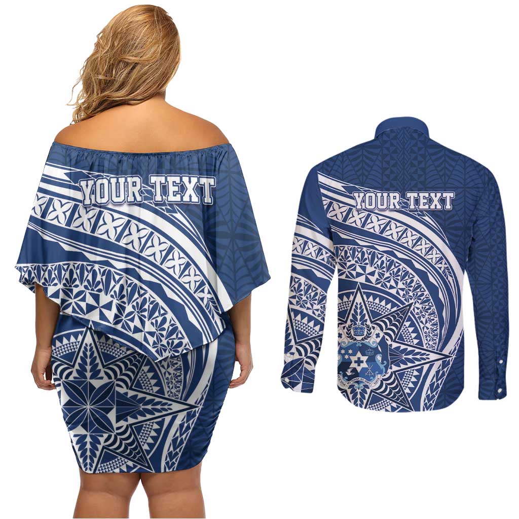 Tonga Queen Salote College Personalized Couples Matching Off Shoulder Short Dress and Long Sleeve Button Shirt Ngatu Tokelaufeletoa Motifs