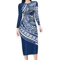 Tonga Queen Salote College Personalized Long Sleeve Bodycon Dress Ngatu Tokelaufeletoa Motifs LT7 Long Dress Navy Blue - Polynesian Pride