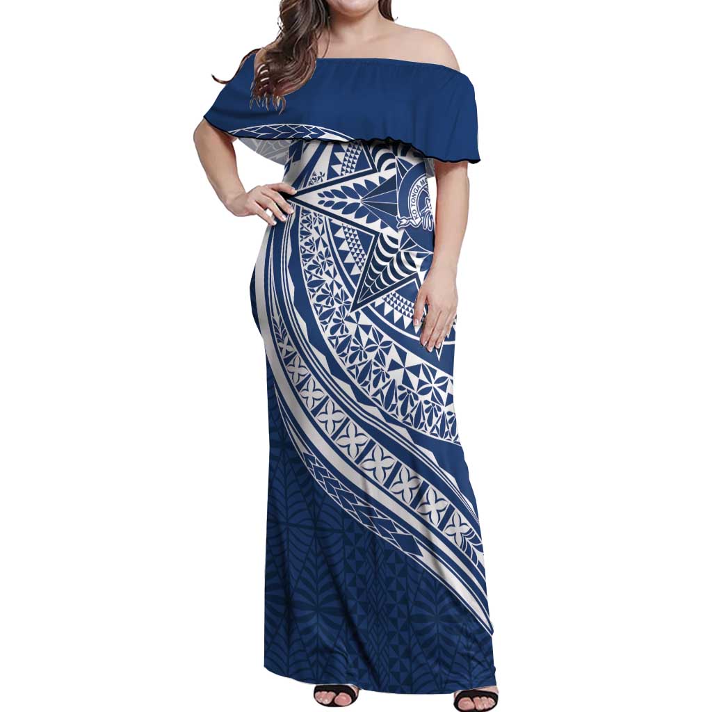 Tonga Queen Salote College Personalized Off Shoulder Maxi Dress Ngatu Tokelaufeletoa Motifs LT7 Women Navy Blue - Polynesian Pride