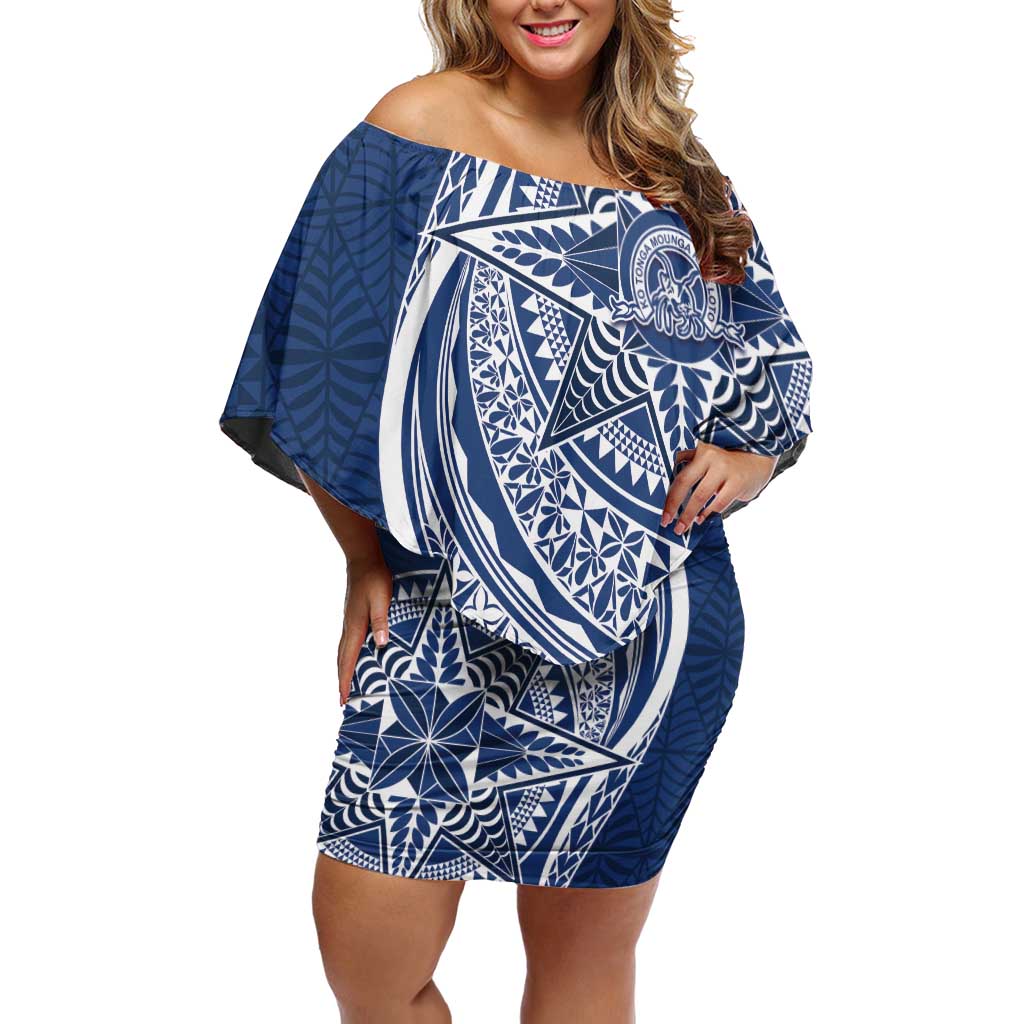 Tonga Queen Salote College Personalized Off Shoulder Short Dress Ngatu Tokelaufeletoa Motifs LT7 Women Navy Blue - Polynesian Pride