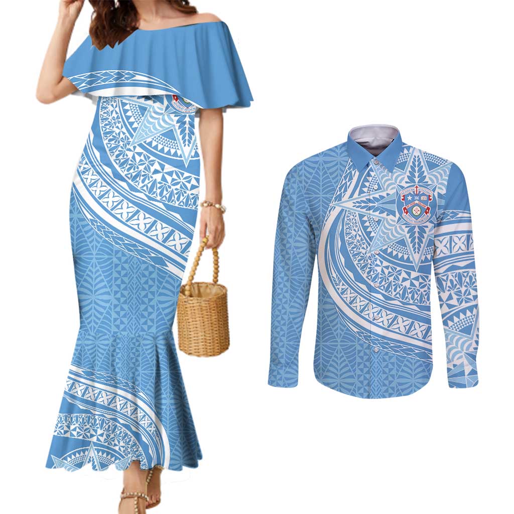 Tonga Apifo'ou Kolisi Personalized Couples Matching Mermaid Dress and Long Sleeve Button Shirt Ngatu Tokelaufeletoa Motifs