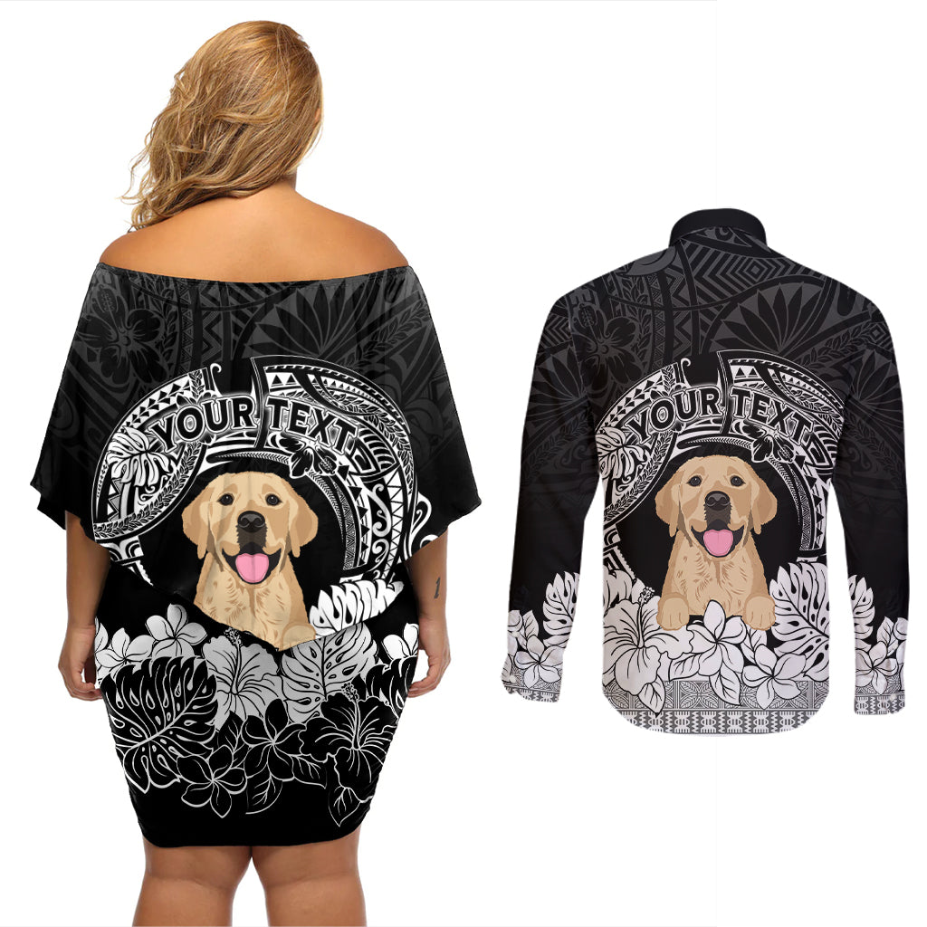 Personalised Dog Couples Matching Off Shoulder Short Dress and Long Sleeve Button Shirts Golden Retriever With Polynesian Tapa Arch LT7 - Polynesian Pride