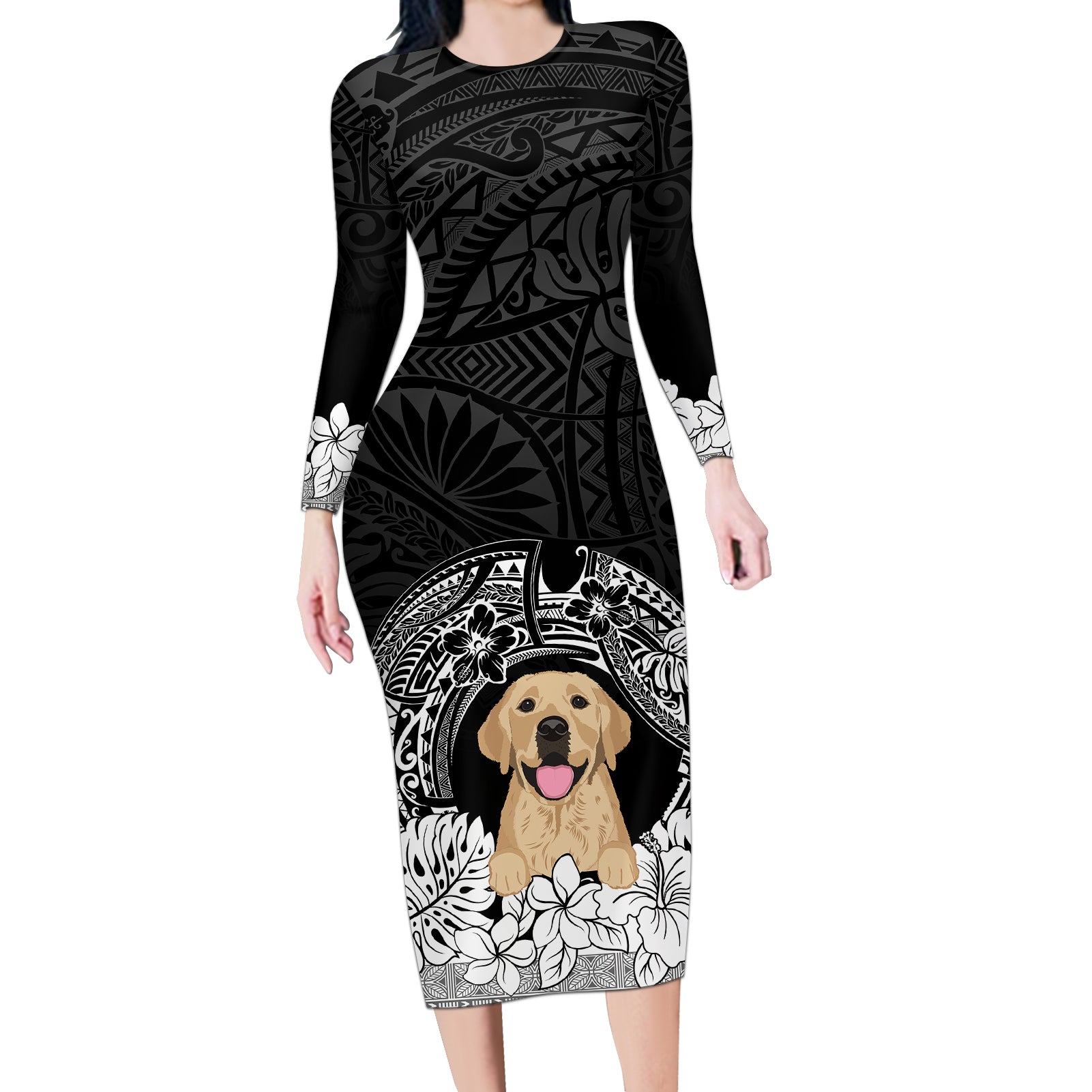 Personalised Dog Long Sleeve Bodycon Dress Golden Retriever With Polynesian Tapa Arch LT7 Long Dress Black - Polynesian Pride