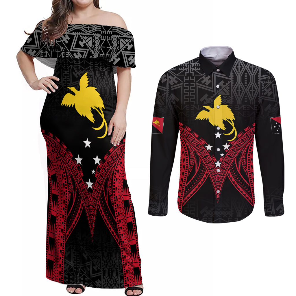 Personalised PNG Couples Matching Off Shoulder Maxi Dress and Long Sleeve Button Shirts Papua Motuan Mirror Style LT7 Black - Polynesian Pride