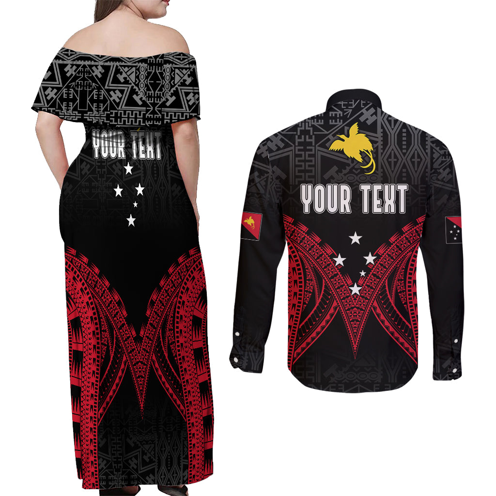 Personalised PNG Couples Matching Off Shoulder Maxi Dress and Long Sleeve Button Shirts Papua Motuan Mirror Style LT7 - Polynesian Pride