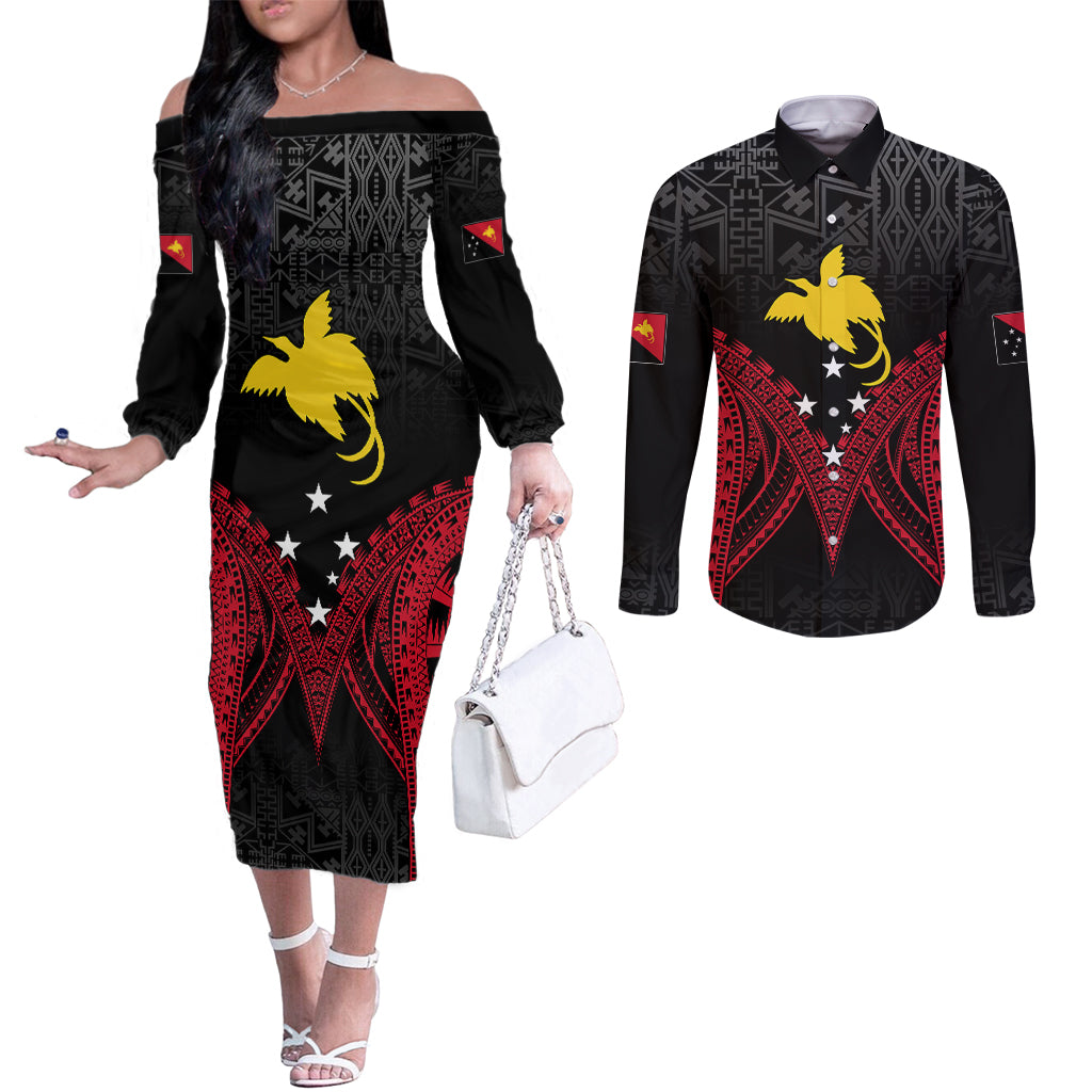 Personalised PNG Couples Matching Off The Shoulder Long Sleeve Dress and Long Sleeve Button Shirts Papua Motuan Mirror Style LT7 Black - Polynesian Pride