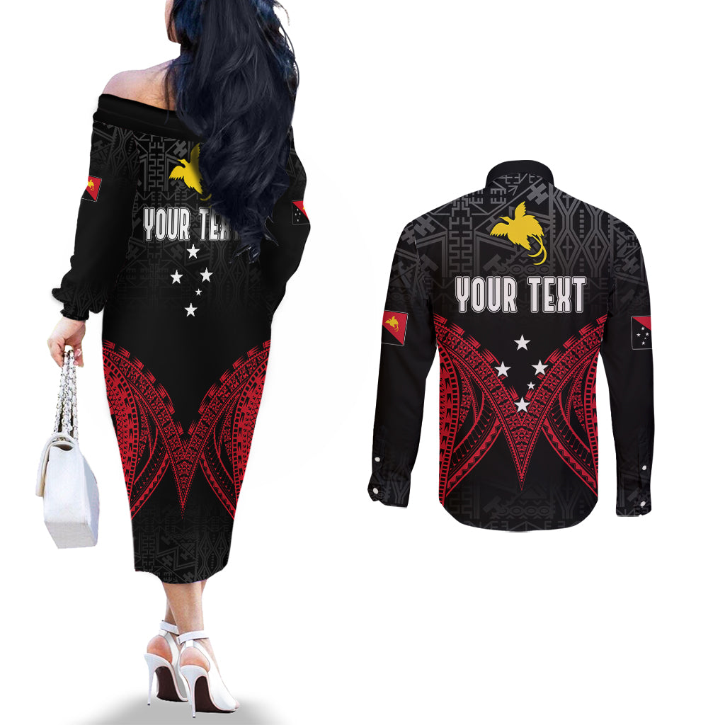Personalised PNG Couples Matching Off The Shoulder Long Sleeve Dress and Long Sleeve Button Shirts Papua Motuan Mirror Style LT7 - Polynesian Pride