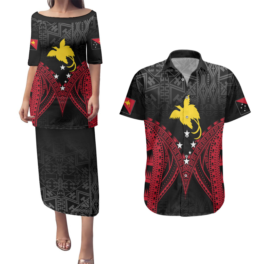 Personalised PNG Couples Matching Puletasi Dress and Hawaiian Shirt Papua Motuan Mirror Style LT7 Black - Polynesian Pride