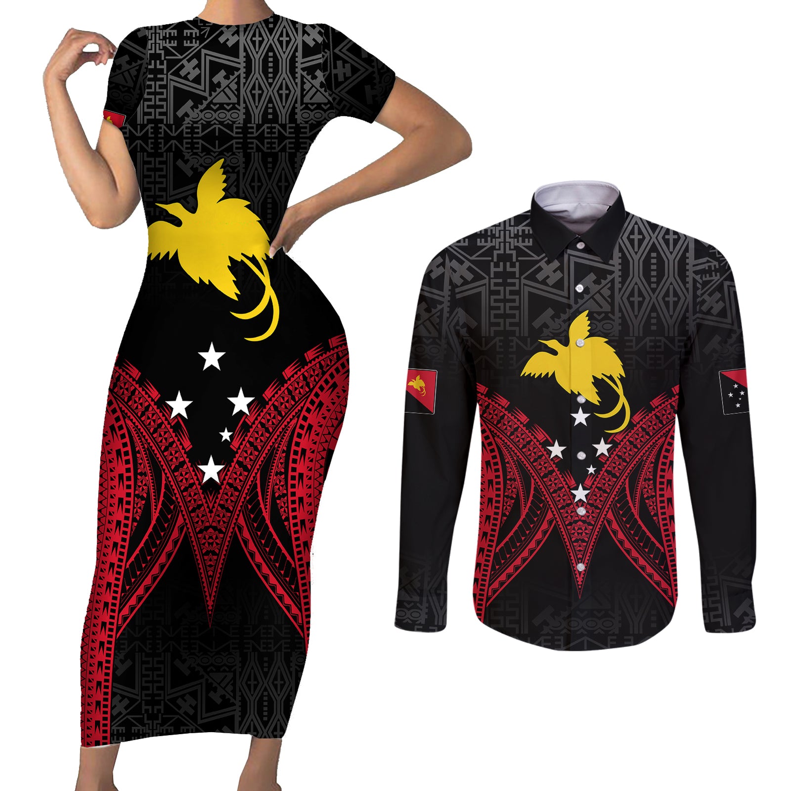 Personalised PNG Couples Matching Short Sleeve Bodycon Dress and Long Sleeve Button Shirts Papua Motuan Mirror Style LT7 Black - Polynesian Pride