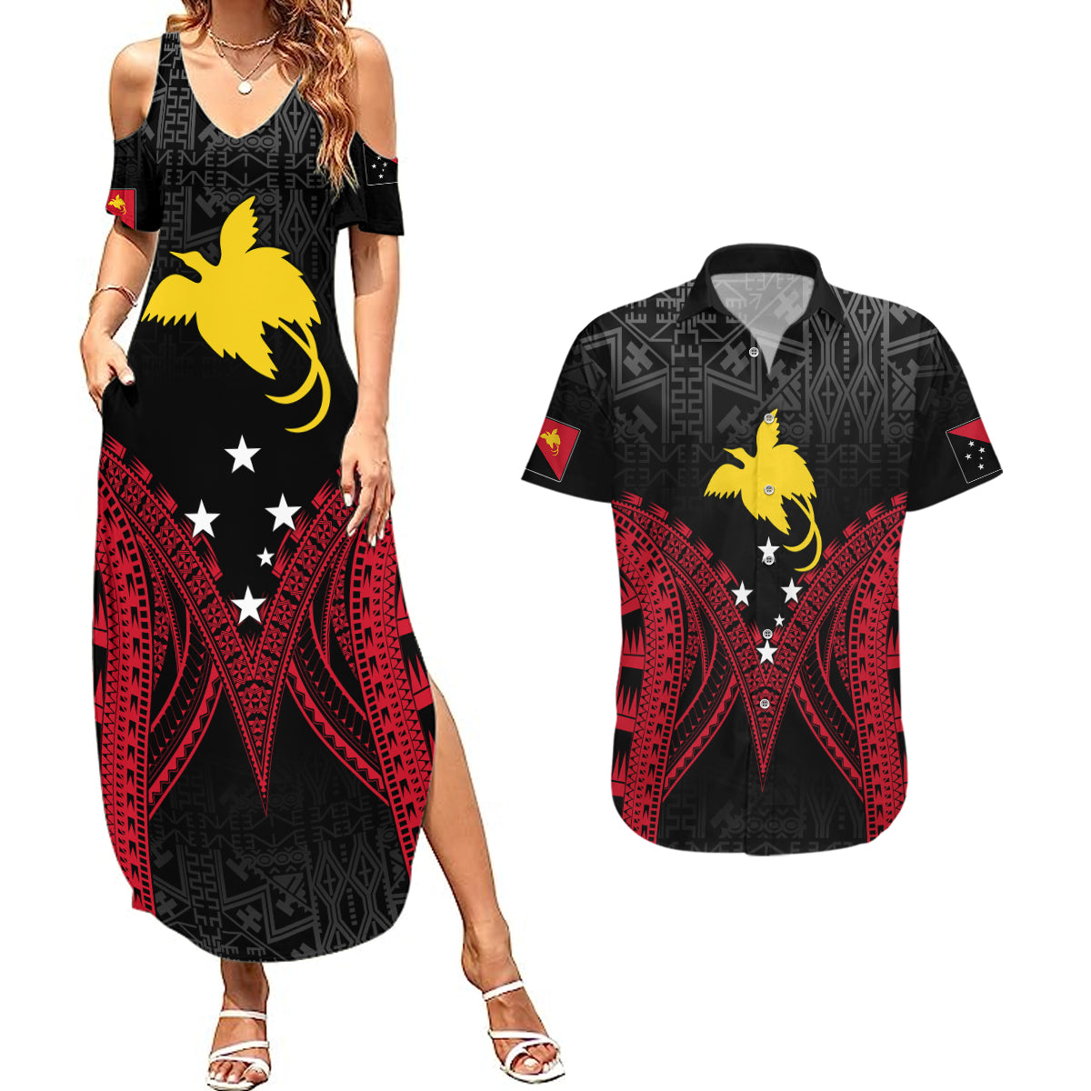 Personalised PNG Couples Matching Summer Maxi Dress and Hawaiian Shirt Papua Motuan Mirror Style LT7 Black - Polynesian Pride